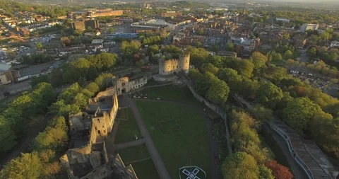 Dudley Castle by air reverse fly over Stockbeeldmateriaal 89711098