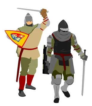 Duel knights battle shield sword fight vector illustration isolated. Stock Illustration