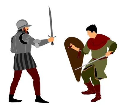 Duel knights with shield and sword fight vector illustration isolated. Stock Illustration