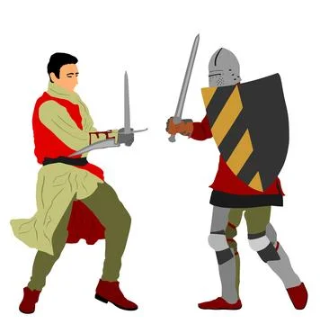 Duel knights with shield and sword fight vector illustration isolated. Stock Illustration