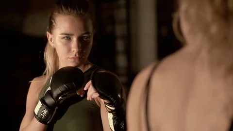 "Duel of views" before a boxing match. The camera flies around. Slow motion. Stock Footage 88730528