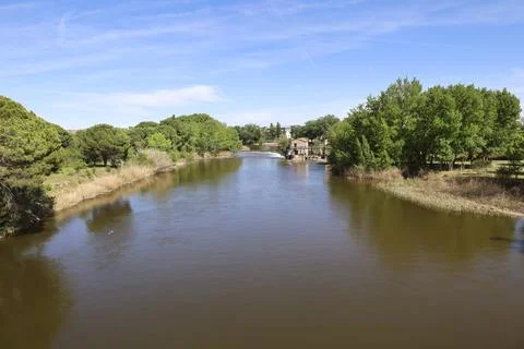 The Duero River as it flows through Zamora on a sunny day of winter Stock Photos