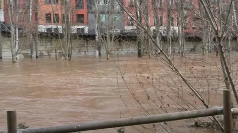 Duero river overflows as it passes through Aranda, Valladolid, ES - 16 Feb 2026 Stock Footage 329038658