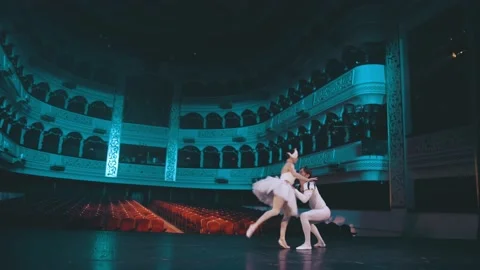 A duet of ballet dancers perform elements of classical ballet. Support Stock Footage 205363341