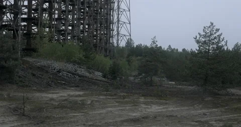 Duga radar bottom Chernobyl Zone rain Stock Footage 200839843