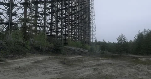Duga radar bottom Chernobyl Zone rain Stock Footage 200849588