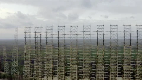 Duga radar system aerial view in Chernobyl exclusion zone Stock Footage 332830898