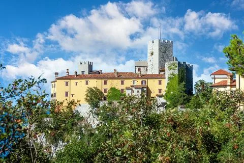 Duino Castle overlooking the Gulf of Trieste on the Adriatic Sea in Italy. Stock Photos