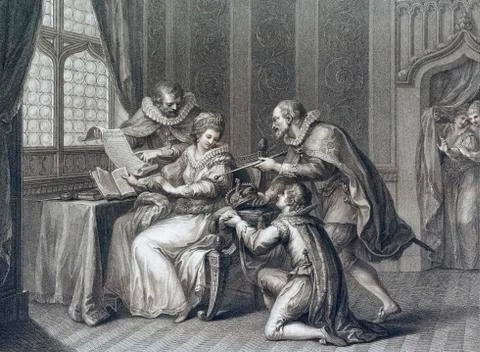 The Dukes of Northumberland and Suffolk praying Lady Jane Grey to accept the Stock Photos