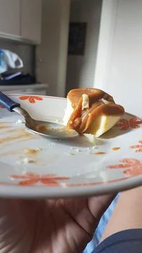 Dulce de leche dessert with cheese on a plate Stock Photos