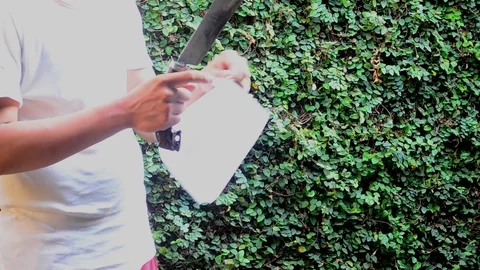 Dull machete cannot slice the paper Stock Footage 118955061