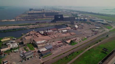 Duluth Harbor Industrial Park with grain elevators and silos Stock Footage 315520034
