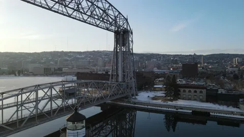 Duluth iconic lift bridge and city 4k drone footage at golden hour 2 Stock Footage 222124429