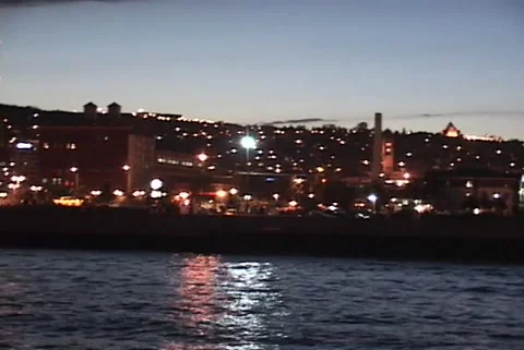 Duluth Minnesota evening city lights pan left to liftbridge Stock Footage 192550083