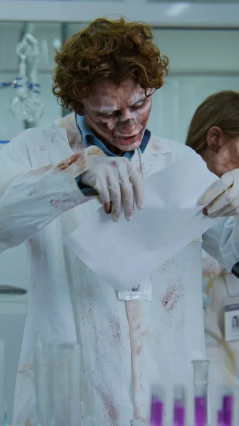 Dumb Walking Dead Laboratory Worker Eating Science Paper Stock Footage 294194877