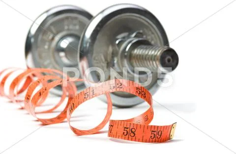 Dumbbell and measuring tape Stock Photos