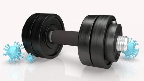 Dumbbell and virus on white background for medical content 3d rendering. Stock Illustration