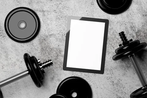 Dumbbell with weights and tablet computer on concrete floor flat lay top view Stock Illustration