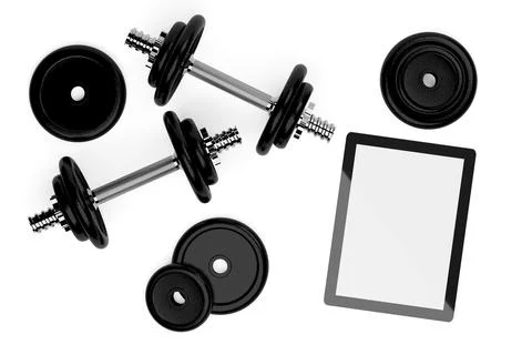 Dumbbell with weights and tablet computer on white background flat lay top vi Illustrazione stock