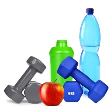 Dumbbells with apple and protein shaker Stock Photos