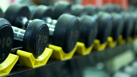Dumbbels in a row Stock Footage 86447027