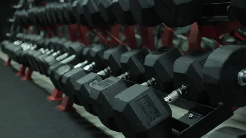 Dumbells with different weights At The Gym Stock-Footage 136102037