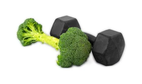 Dumbells made of broccoli on white background Stock Photos
