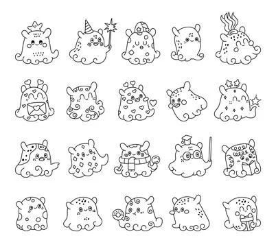 Dumbo octopus character set in outline line art Stock Illustration