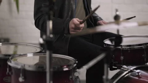 Dummer playing ride cymbal of drum kit, slow motion, close up Stock Footage 141886517
