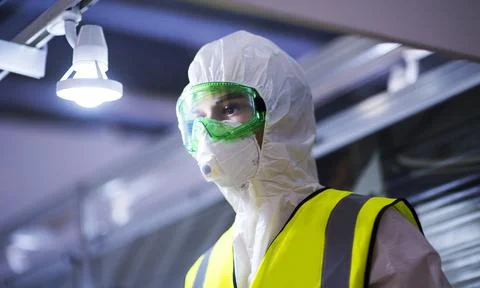 Dummy in protective goggles and protective costume to protect against coronav Stock Photos