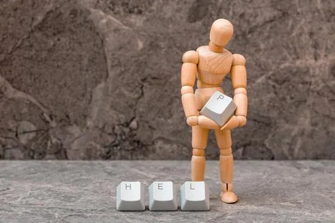 Dummy puts computer keyboard key with letter P from the word HELP Foto stock