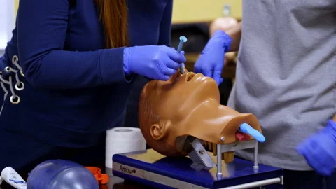 Dummy`s head and intubation set for advance cardiac life support training. Stock Footage 148827823