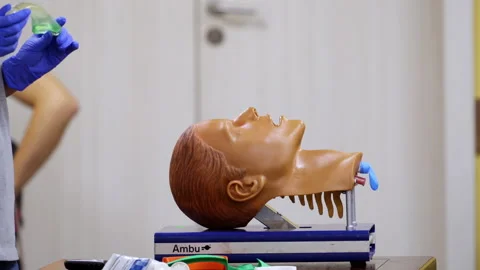 Dummy`s head used for training intubation technique. Stock Footage 148827142