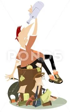 Dump and beggar man with an empty bottle isolated Stock Illustration