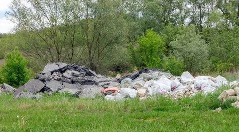 Dump of construction and household garbage in the forest. Stock Photos