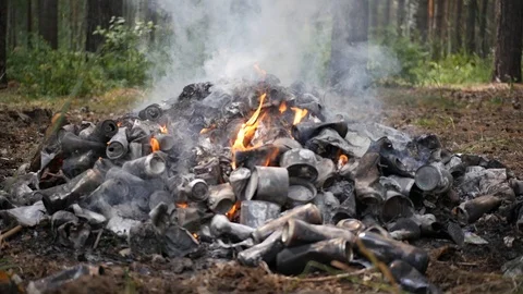 Dump in the forest. Lit a bunch of garbage and aluminum cans. 1920x1080, full hd Stock Footage 98814244