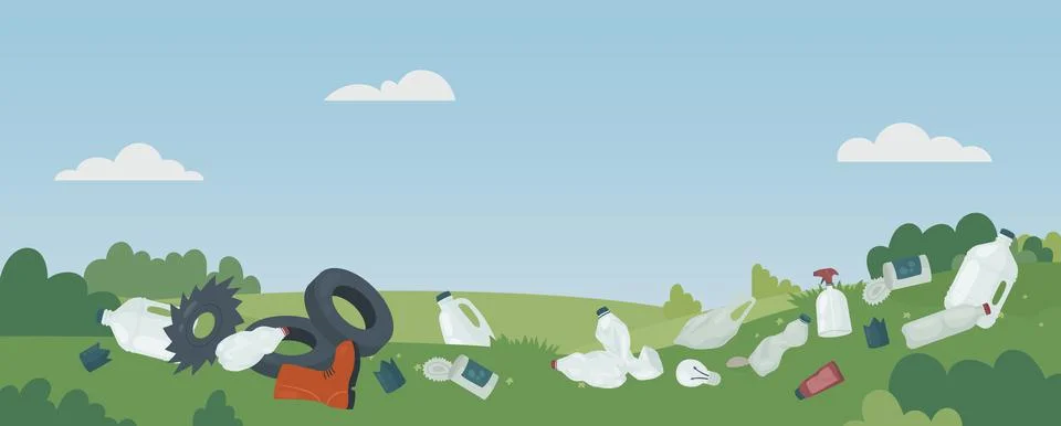 Dump garbage trash on polluted green grass summer meadow landscape, nature Stock Illustration