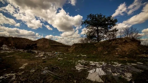 Dump illegal in the field. A small hill and a lonely tree. Stock Footage 74613218