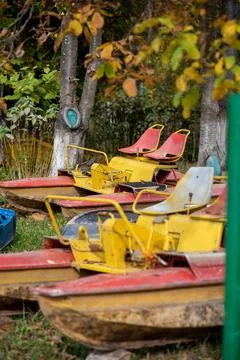 Dump of old catamarans in the park. Stock Photos