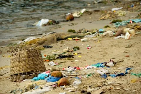 Dump. Polluted blue water, puddle garbage Stock Photos