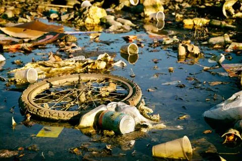 Dump. Polluted blue water, puddle garbage Stock Photos