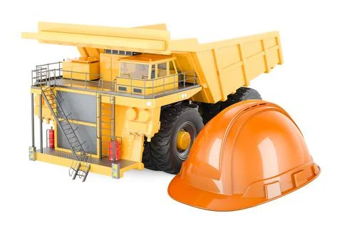 Dump truck with construction hardhat, 3D rendering Stock Illustration