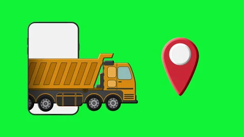 Dump truck exiting smartphone screen near location pin on green screen Stock Footage 313384227