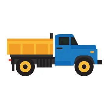 Dump truck, flat icon. Heavy construction vehicle in blue and yellow colors.. Stock Illustration