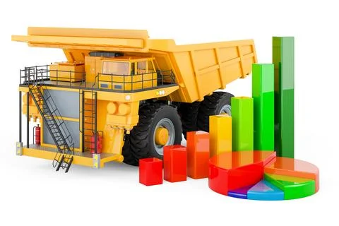 Dump truck with growth bar graph and pie chart. 3D rendering Stock Illustration