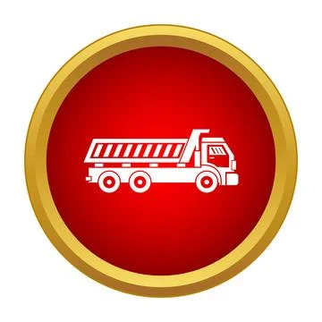 Dump truck icon centered in a red circle with golden border Stock Illustration
