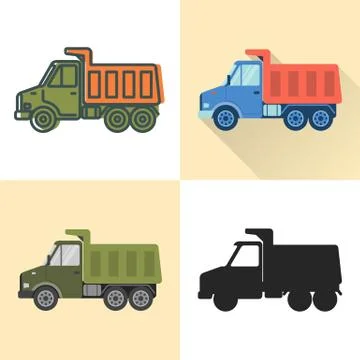 Dump truck icon set in flat and line styles Stock Illustration
