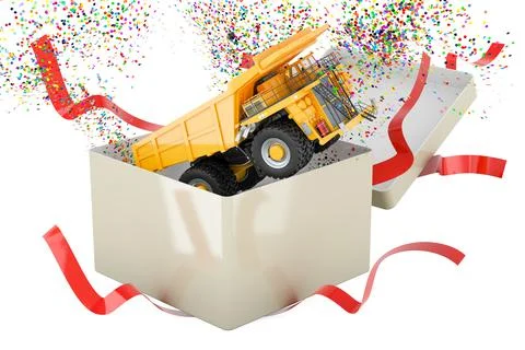 Dump truck inside gift box. 3D rendering Stock Illustration