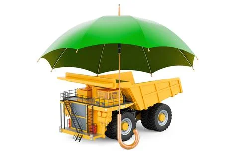 Dump truck under umbrella. 3D rendering Stock Illustration