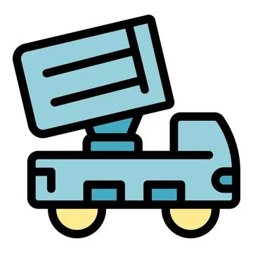 Dump truck unloading cargo box, construction site icon Stock Illustration